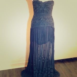 Free People maxi strapless lace sheer dress gray 4